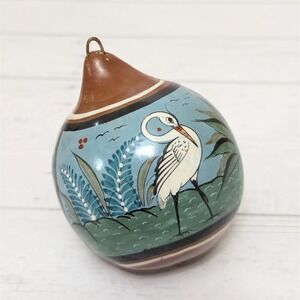 Tonala Mexican Pottery Ornament 2.5" Hand Painted Bird Blue Green Flower Design
